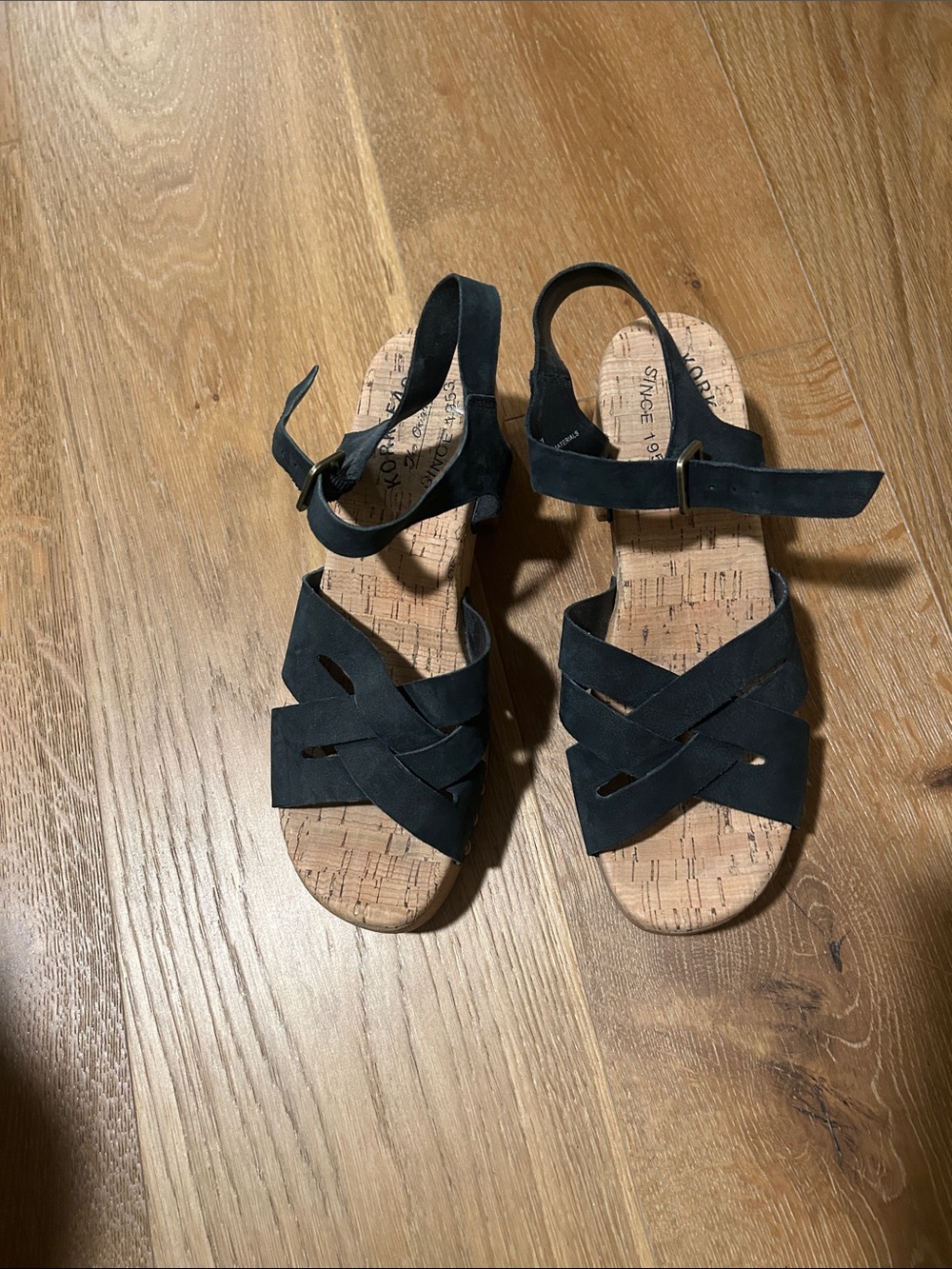 Kork-Ease Black Leather Cork-Strap Woven Sandals